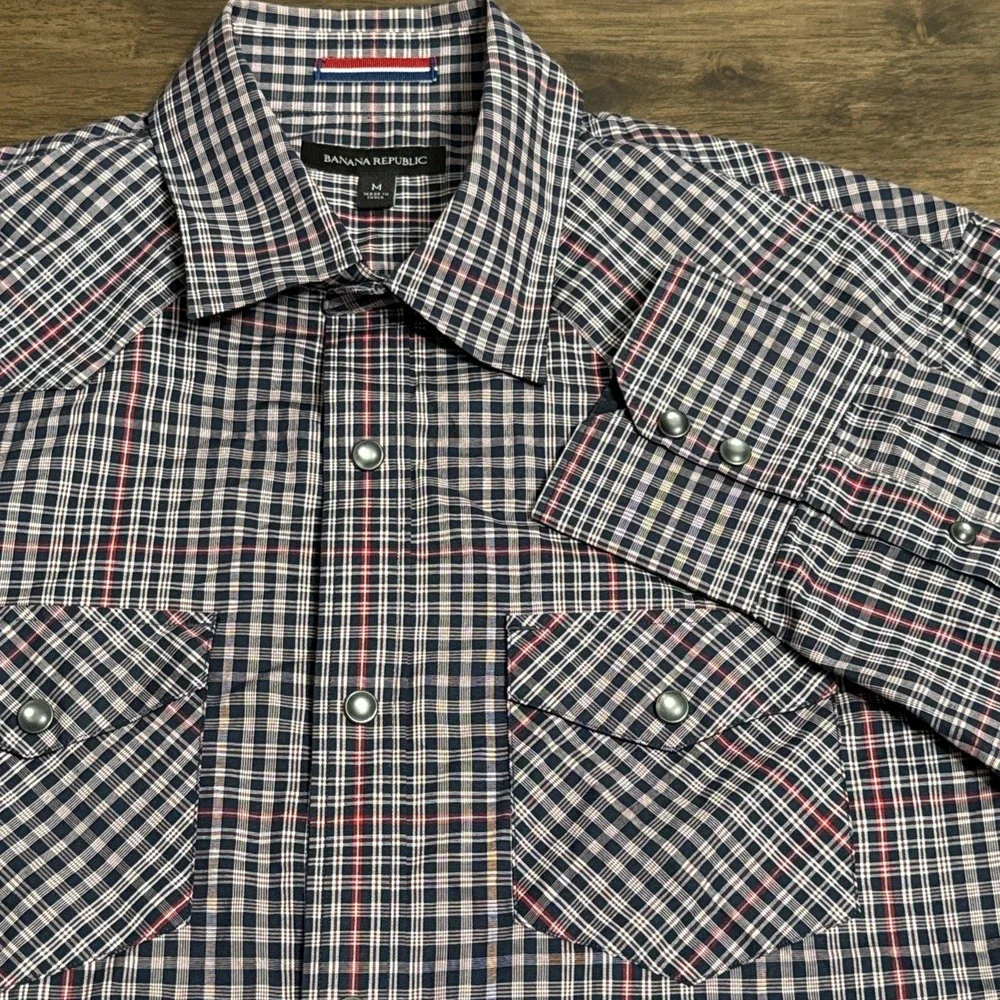 Banana Republic‎ Shirt Men's Medium Blue Red Plaid Pearl Snap Western Rockabilly